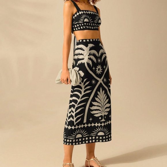 Black Boho Women's Coconut Print Cropped Cami Top And Fitted Maxi Skirt Set - Picture 4 of 7
